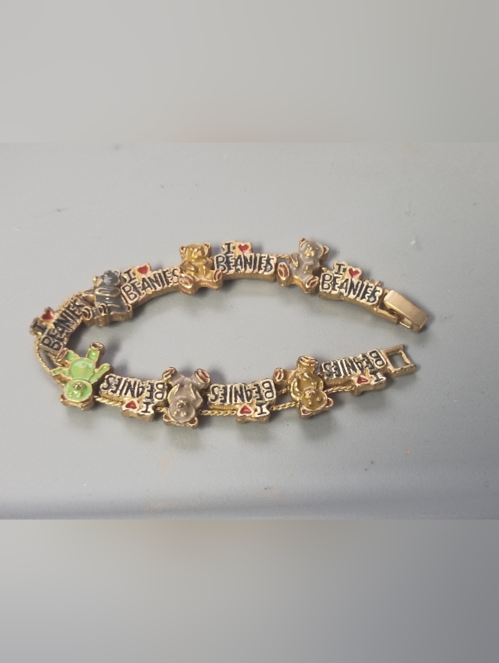 ❤️VTG I LOVE BEANIES BEANIE BABY SLIDE CHARM ENAMEL GOLD TONE  BRACELET 7.5"